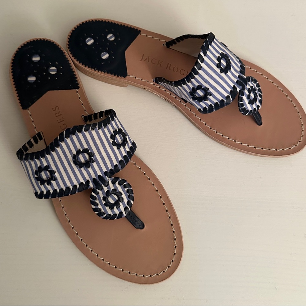 Jack Rogers Navy & White Striped Leather Thong Sandals